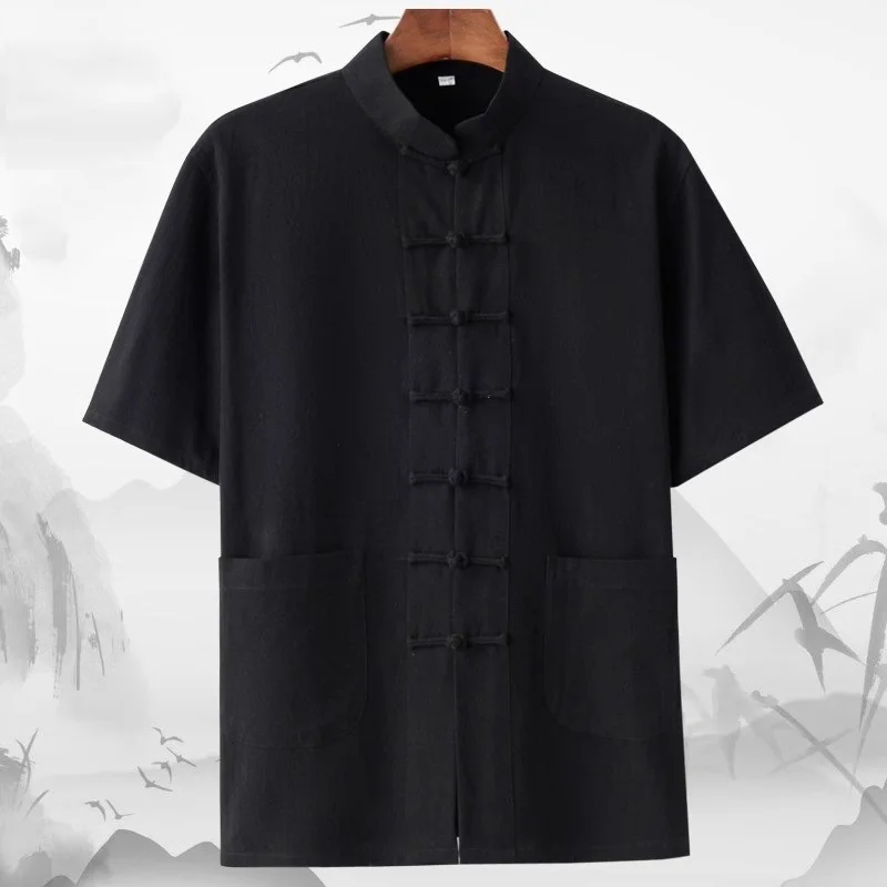 Мужская рубашка Han Fu Tang большого размера с короткими рукавами в китайском стиле из хлопка и льна в стиле ретро4