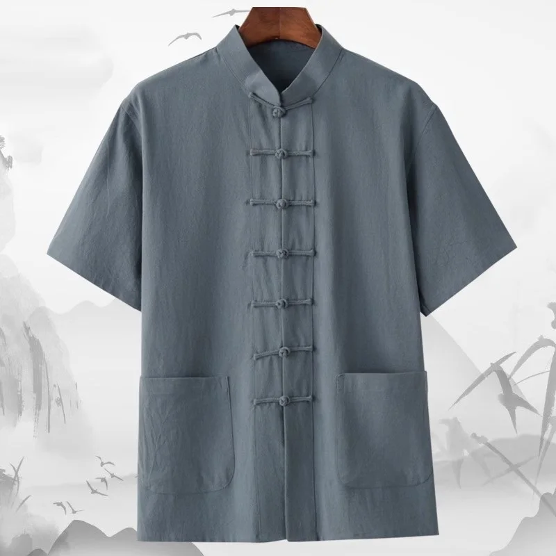 Мужская рубашка Han Fu Tang большого размера с короткими рукавами в китайском стиле из хлопка и льна в стиле ретро5
