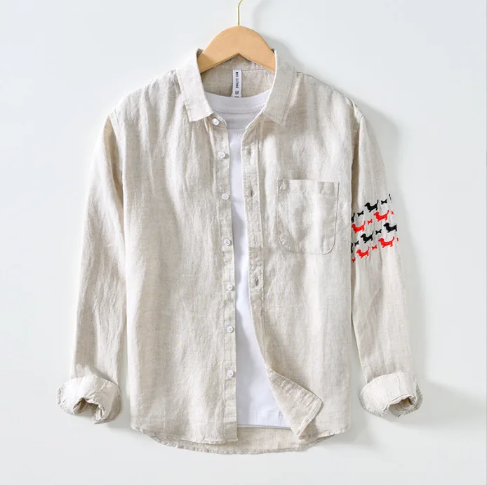 Осенняя белая рубашка с длинным рукавом, мужские уличные повседневные рубашки с индивидуальной вышивкой, рубашка на пуговицах из чистого льна, трендовые дышащие топы1