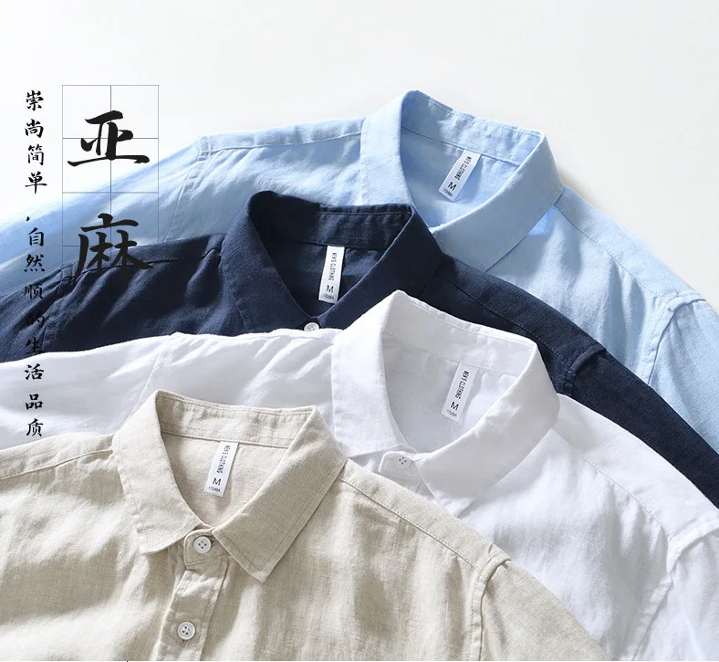 Осенняя белая рубашка с длинным рукавом, мужские уличные повседневные рубашки с индивидуальной вышивкой, рубашка на пуговицах из чистого льна, трендовые дышащие топы4
