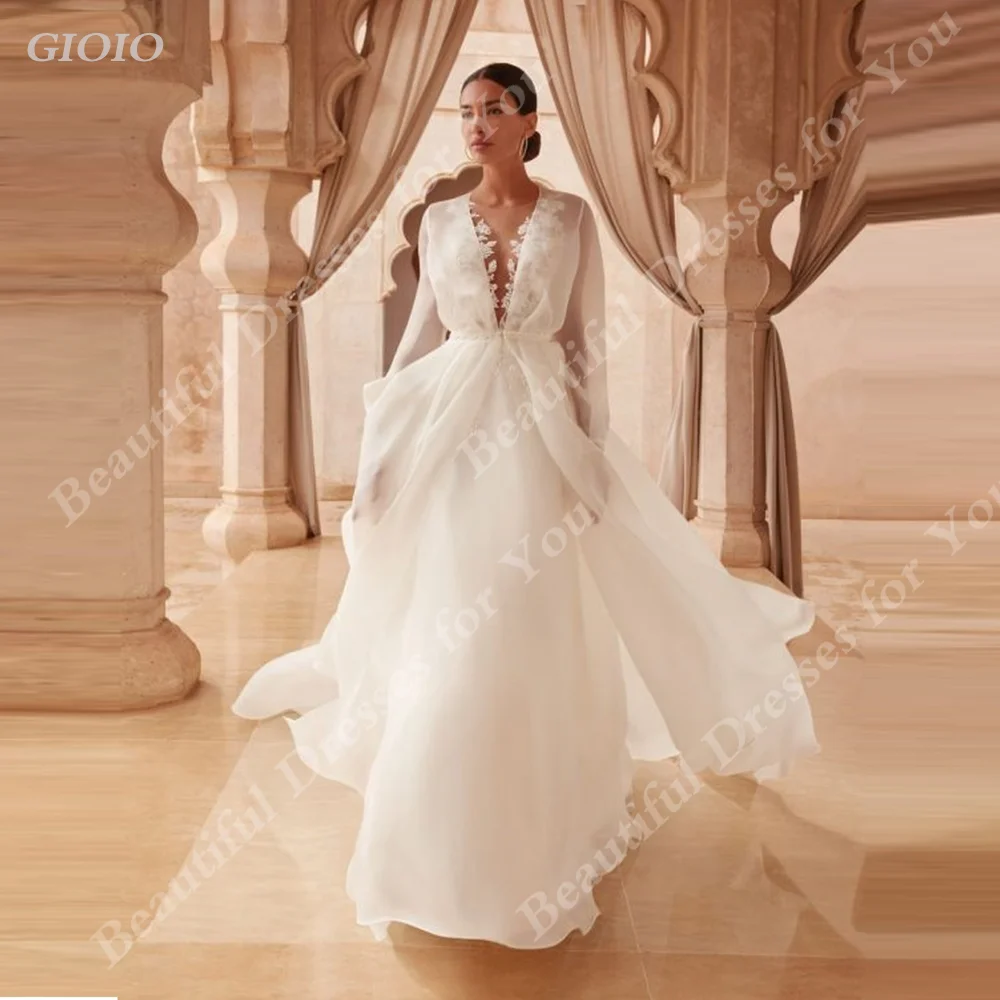 Свадебные платья GIOIO Bridal, белые с небольшим шлейфом, глубокий V-образный вырез, длинные рукава-пузыри, для официальных случаев, новые, нестандартного размера2