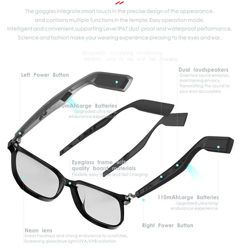 Умные очки H2C Беспроводная связь, совместимая с Bluetooth, громкая связь, Музыкальная аудиосистема, спортивная гарнитура, очки, интеллектуальные очки3